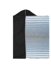 Multicolored blue and grey blanket cape laid flat, displaying its full size and potential for folding