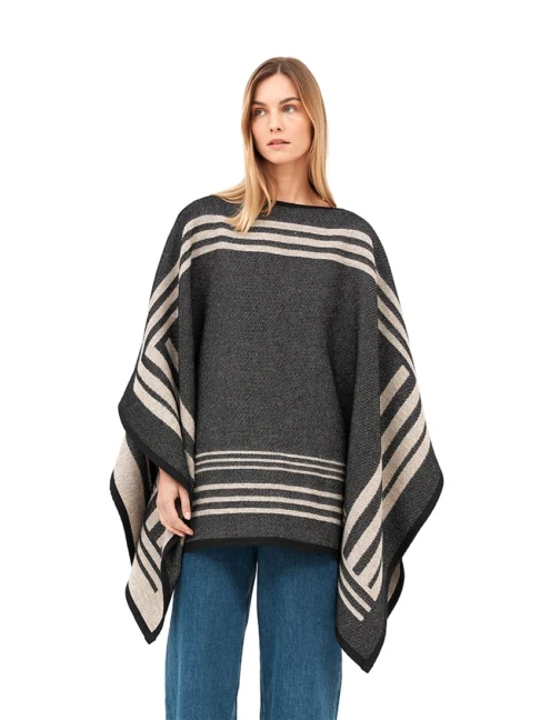 Black wool reversible poncho with a modern look.