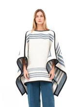 Blue and white reversible poncho with a clean white exterior.