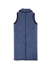 Flat lay of a long navy blue vest made from upcycled wool.