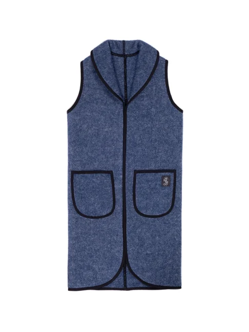 Flat lay of a long navy blue vest made from upcycled wool.