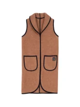 Flat lay of a long brown vest made from upcycled wool.