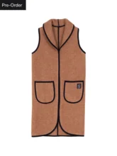 Flat lay of a long brown vest made from upcycled wool.