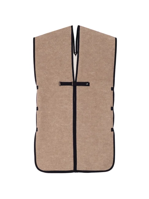 Flat lay of a long light brown vest made from upcycled wool.