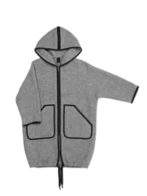 Flat lay of a long, dark grey wool hoodie with a zipper closure and two side pockets, showcasing the full length, hood, and pockets.