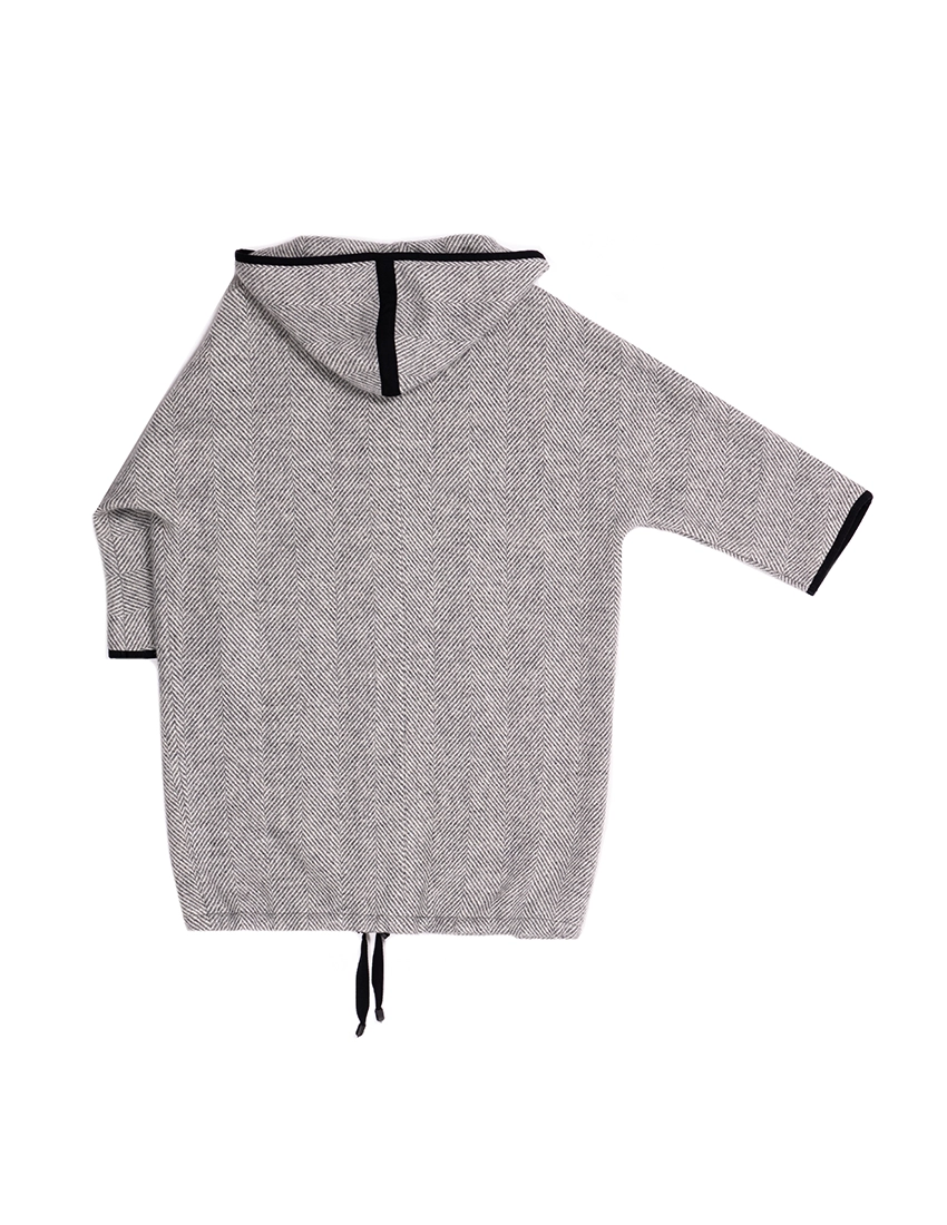 Flat lay of a long, grey wool hoodie with a zipper closure and two side pockets, showcasing the full length, hood, and pockets.