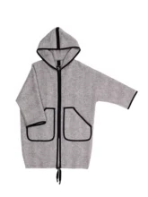 Flat lay of a long, grey wool hoodie with a zipper closure and two side pockets, showcasing the full length, hood, and pockets.