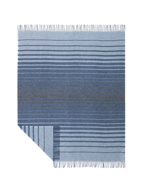 Blue recycled wool blanket with varied stripe patterns, displayed flat to highlight its design and fringed edges.